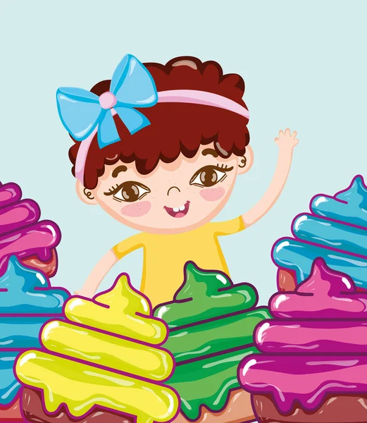 Chica Con Cupcakes Coloridos Dibujos Animados Vector Ilustración Diseño Gráfico — Vector de stock