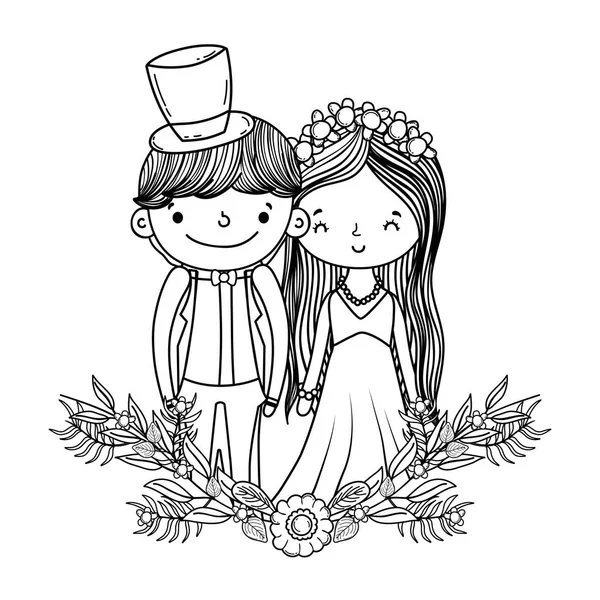 装飾的な花輪自然かわいい漫画ベクトル イラスト グラフィック デザインのカップルの結婚式 — ストックベクタ