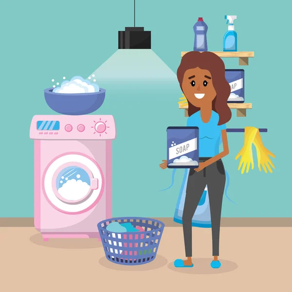 Frau Auf Waschküche Mit Geräten Cartoon Vektor Illustration Grafik Design — Stockvektor