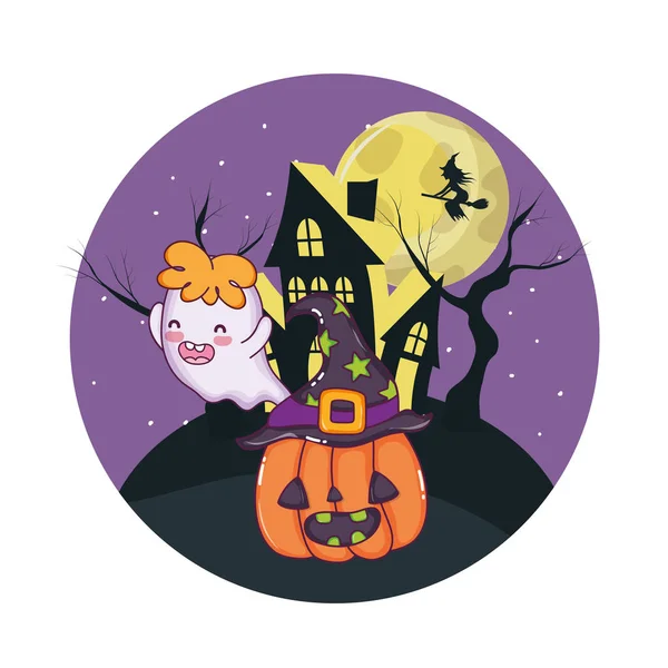 Strašidelné Halloween Karikatury Noční Scenérie Vektorové Ilustrace Grafický Design — Stockový vektor