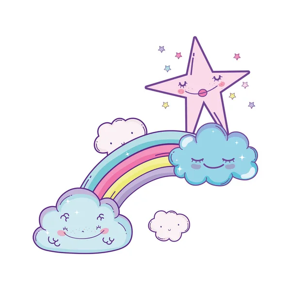 Wolken Regenboog Glimlachend Met Ster Cute Cartoons Vector Illustratie Grafisch — Stockvector