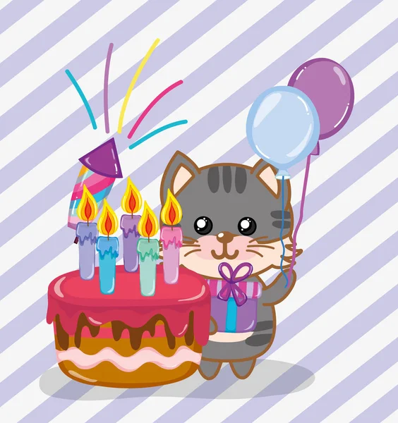 Fête Anniversaire Avec Dessin Animé Mignon Chat Vectoriel Illustration Graphisme — Image vectorielle