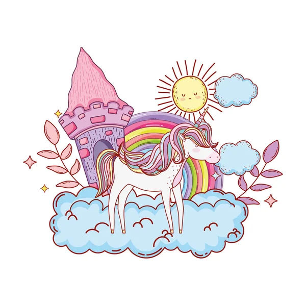 可爱的独角兽与城堡和彩虹在云向量例证设计 — 图库矢量图片