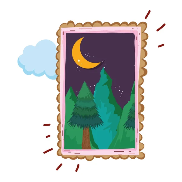 Paysage Avec Cadre Carré Montagne Neige Sur Illustration Vectorielle Nuit — Image vectorielle