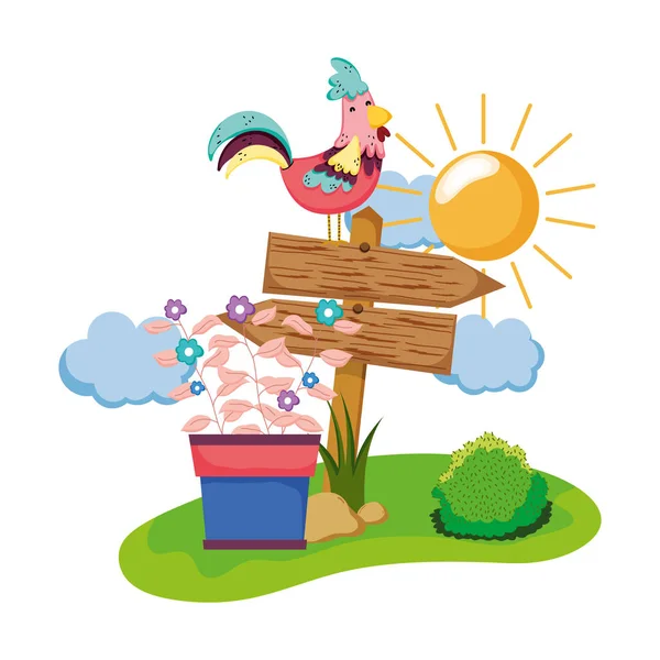 horoz ve houseplant Bahçe vektör tasarım ahşap ok