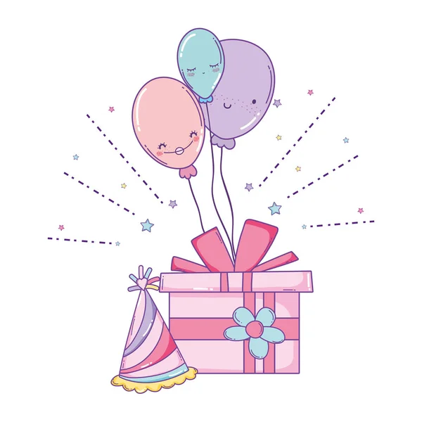 Happy Birthday Giftbox Balloons Hat Cartoons Vector Illustration Graphic Design — Stock Vector