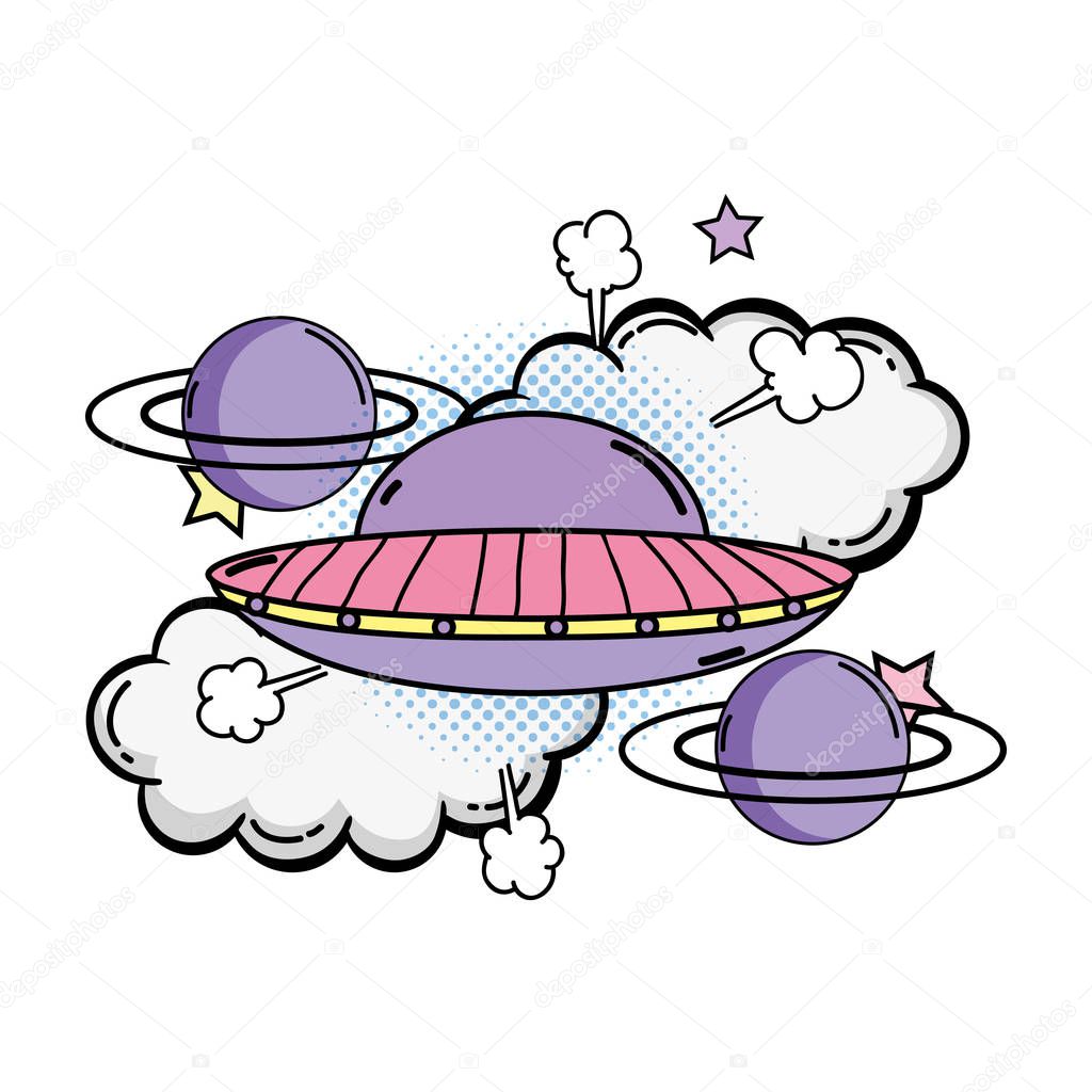ufo flying with planets pop art style vector illustration design