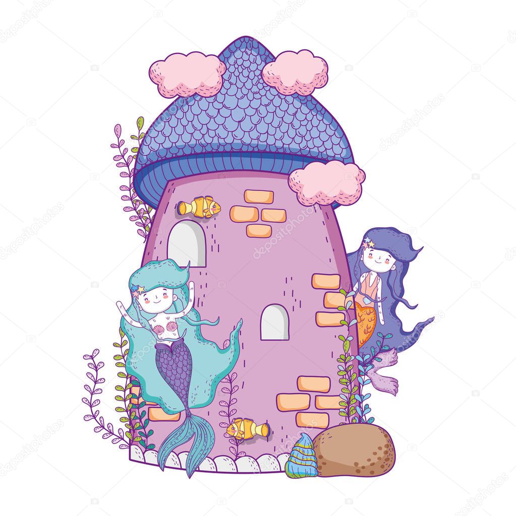 mermaids with castle undersea scene vector illustration design