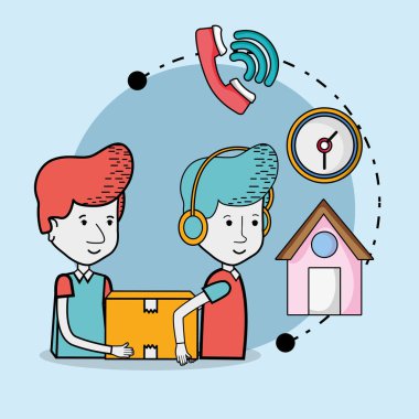 Kurye ve teslimat hizmeti sembolleri çizgi film illüstrasyon grafik tasarım vektör