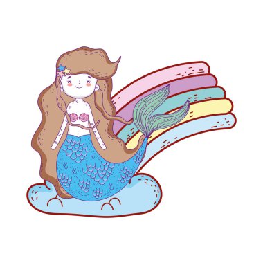 bulutlar ve gökkuşağı vektör çizim tasarım ile şirin deniz kızı