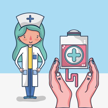Kadın hemşire kan bağış toplama çanta karikatür vektör çizim grafik tasarım