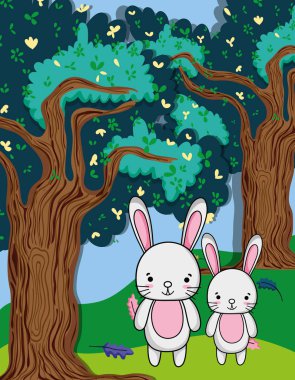 Sevimli tavşanlar aile orman karikatürler, vektör çizim grafik tasarım