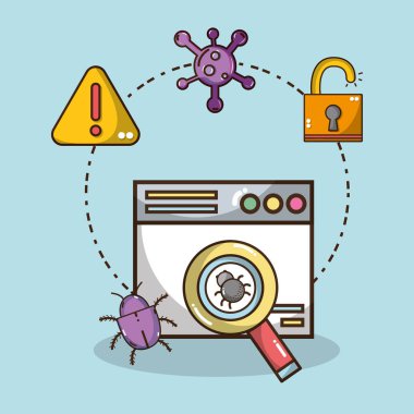 Güvenlik sistemi sembolleri ve teknoloji öğeleri çizgi film illüstrasyon grafik tasarım vektör