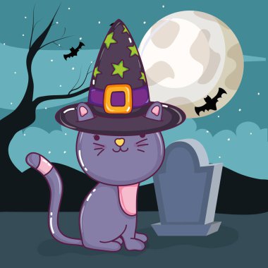 Cadılar Bayramı kedi gece vektör çizim grafik tasarım, şirin korku unsurları ile