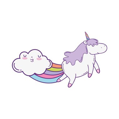 bulutlar ve gökkuşağı kawaii vektör çizim tasarım olan sevimli at