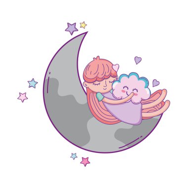 Güzel kız aya gökyüzü çizgi film vektör çizim grafik tasarım üzerinde hayal
