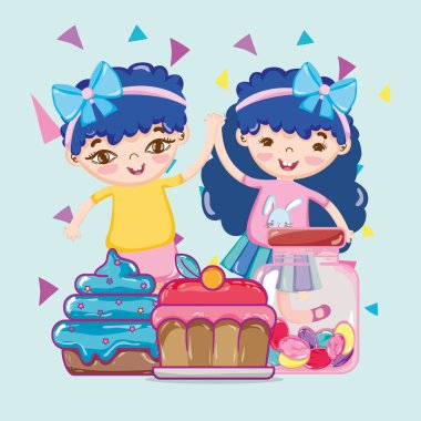Kek ve şişeler içinde şeker kızlar illüstrasyon grafik tasarım vektör