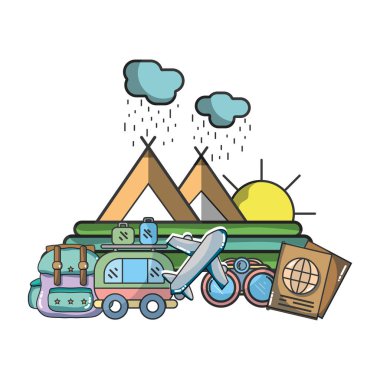 Tatil ve seyahat öğeleri çizgi film illüstrasyon grafik tasarım vektör