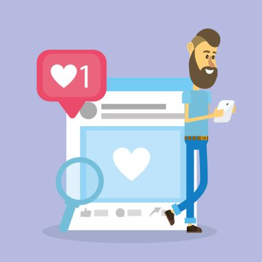 Genç adam akıllı telefon karikatürler üzerinden sosyal ağlarda vektör çizim grafik tasarım