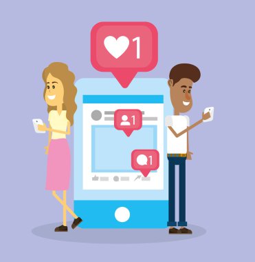 Genç çift smartphone vektör çizim grafik tasarımdan sosyal ağları kullanarak