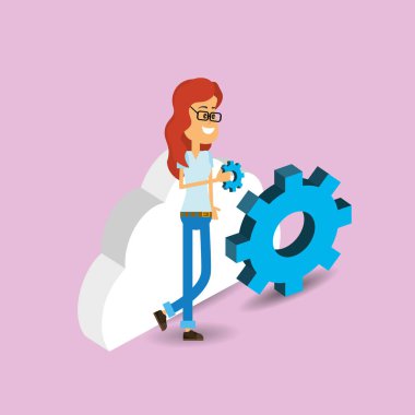 veri bulut depolama ağ çizgi film kullanarak dişli tutan genç adam