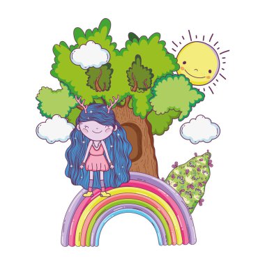 ağaç ve gökkuşağı vektör çizim tasarımı ile sevimli küçük peri