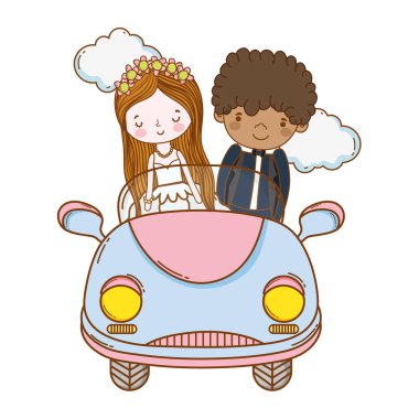 Eski model araba sevimli çizgi vektör çizim grafik tasarım çift evlilik düğün