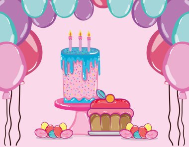 Doğum günü kek ve balonlar vektör çizim grafik tasarım ile şeker