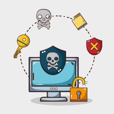 Güvenlik sistemi sembolleri ve teknoloji öğeleri çizgi film illüstrasyon grafik tasarım vektör