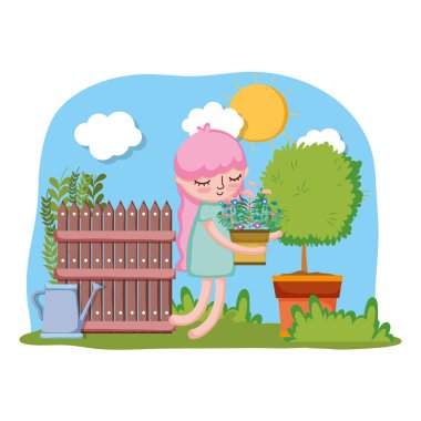 küçük kız houseplant ağaç ve çit vektör çizim tasarımı ile kaldırma