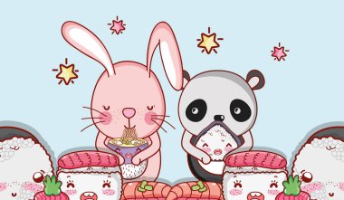 Tavşan ve ayı panda ile Japon yemekleri kawaii karikatürler