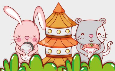 Rabbbit ve Japon yemekleri kawaii karikatürler ile cats