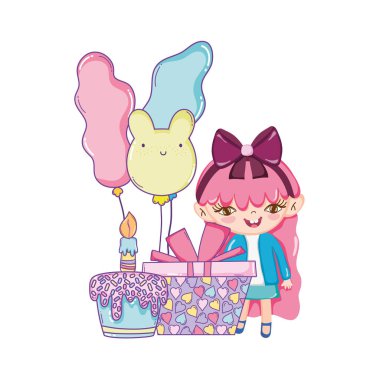 Mutlu Doğum günü kızı giftbox kek ve balon çizgi film vektör çizim grafik tasarım ile