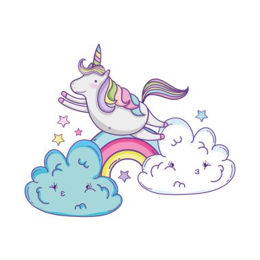 Gökkuşağı karikatür vektör çizim grafik tasarım ile bulut üzerinde uçan şirin tek boynuzlu at