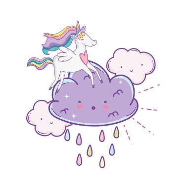 Sevimli çizgi film vektör çizim grafik tasarım yağmur bulutların üstünde uçan tek boynuzlu at