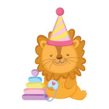 parti şapka vektör çizim tasarım ile şirin ve küçük aslan