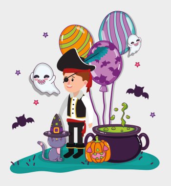 Cadılar Bayramı kutlama çocuk korsan kostüm karikatürler ile vektör çizim grafik tasarım