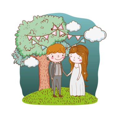 Çift Düğün Sevimli çizgi orman ağaçları vektör çizim grafik tasarım ile