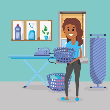 Çamaşır odası aletleri karikatür vektör çizim grafik tasarım ile kadın