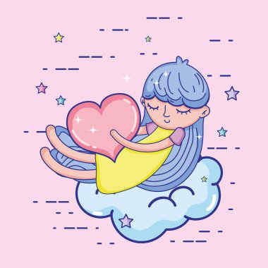 Kalp bulut sevimli çizgi film vektör çizim grafik tasarım üzerinde uyuyan kızla