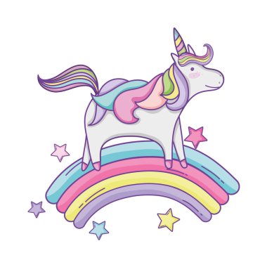 Rainbow yıldız karikatür vektör çizim grafik tasarım ile üzerinde uçan şirin tek boynuzlu at