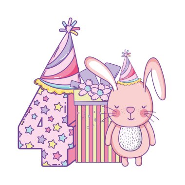 İyi ki doğdun tavşan hediye kutusu ve şapka karikatür vektör çizim grafik tasarım ile dört numara