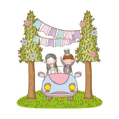 Doğa sevimli çizgi vektör çizim grafik tasarım, eski model araba çift evlilik düğün