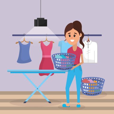 Çamaşır odası aletleri karikatür vektör çizim grafik tasarım ile kadın