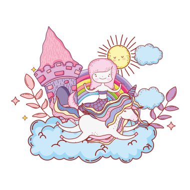 tek boynuzlu at ve bulutlar gökkuşağı deniz kızı vektör çizim tasarım