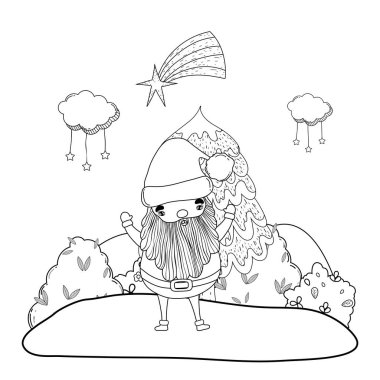 Noel Baba ile çimen vektör çizim tasarım ağacında