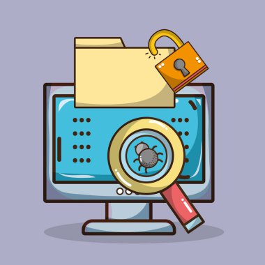 Güvenlik sistemi sembolleri ve teknoloji öğeleri çizgi film illüstrasyon grafik tasarım vektör