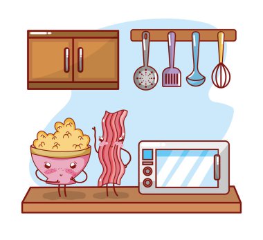 Mutfak raf mutfak eşyası ve malzemeler simgeler kawaii sevimli çizgi film cartoon