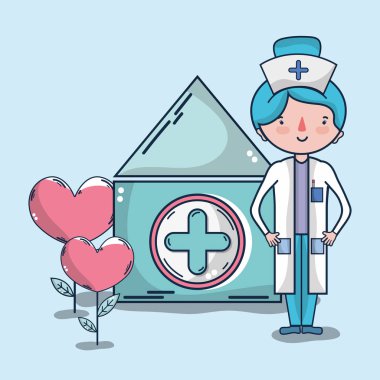 Kadın doktor ve kan bağışı kampanyası karikatür çizim grafik tasarım vektör