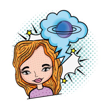 kadın konuşma balonu ve Satürn pop art vektör çizim ile